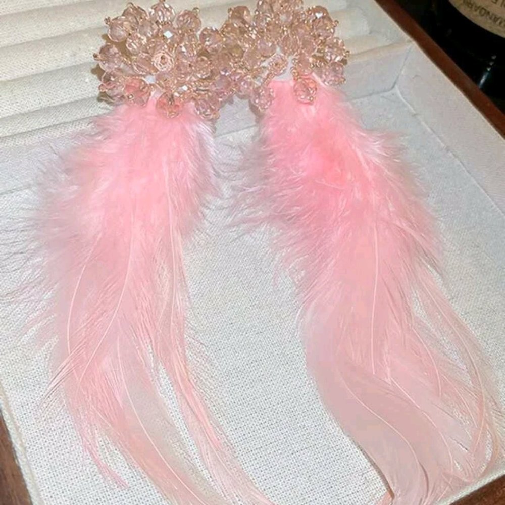 Rhinestone ans Feather Earrings